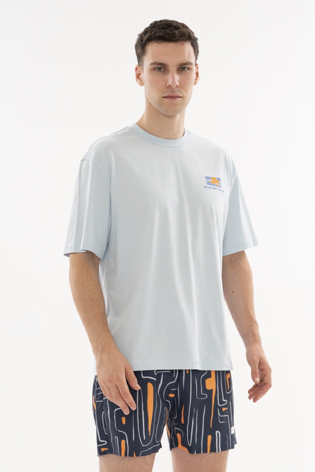 Boxy Erkek Bisiklet Yaka Mavi T-shirt