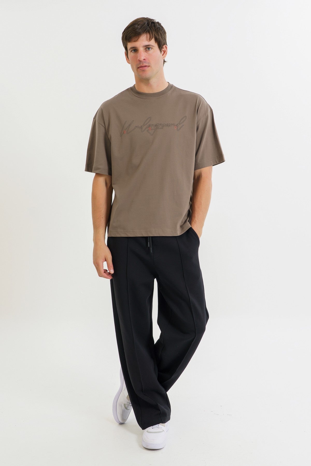Oversize Erkek Bisiklet Yaka Kahverengi T-shirt