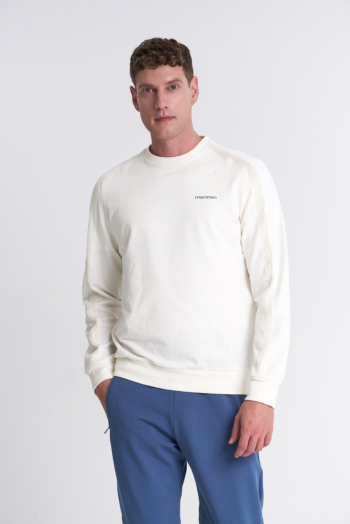 Erkek Bisiklet Yaka Ekru Sweatshirt