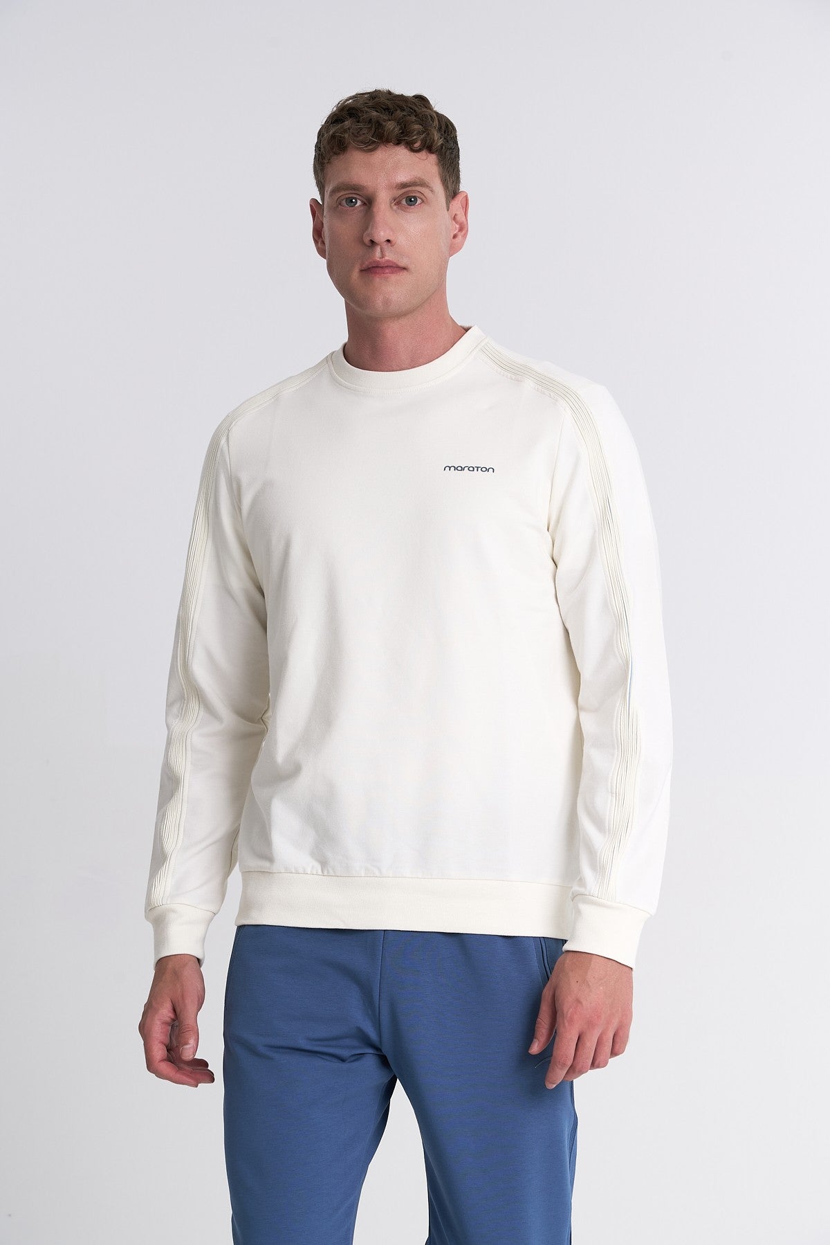 Erkek Bisiklet Yaka Ekru Sweatshirt