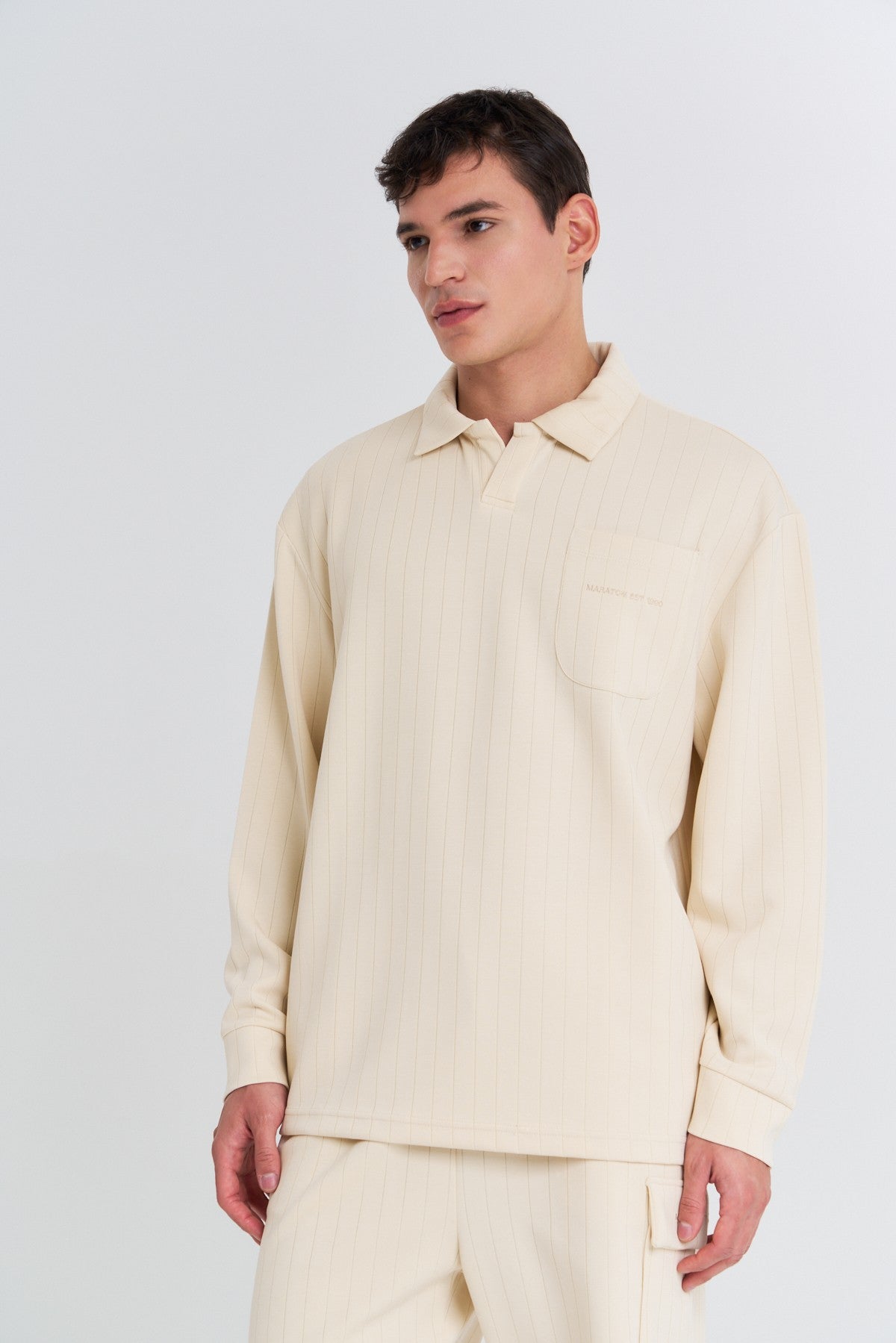 Erkek Polo Yaka Ekru Sweatshirt