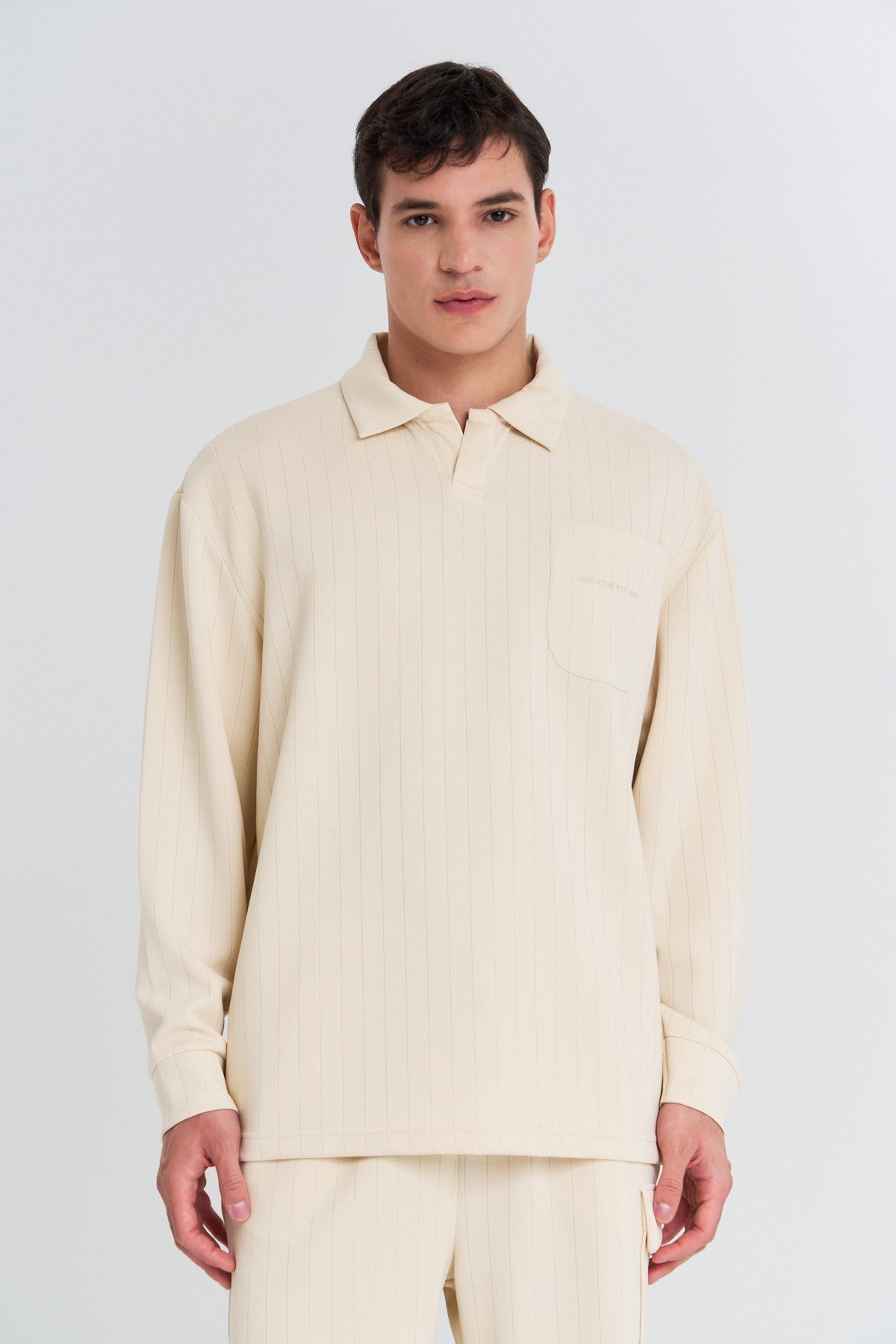 Erkek Polo Yaka Ekru Sweatshirt
