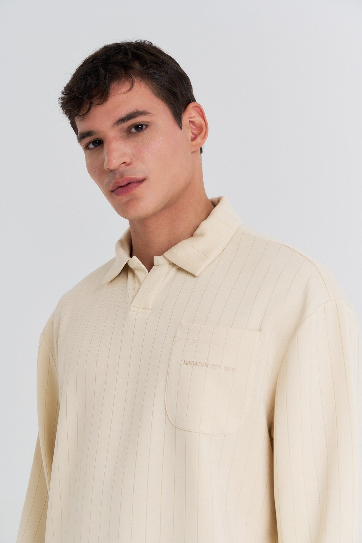 Erkek Polo Yaka Ekru Sweatshirt