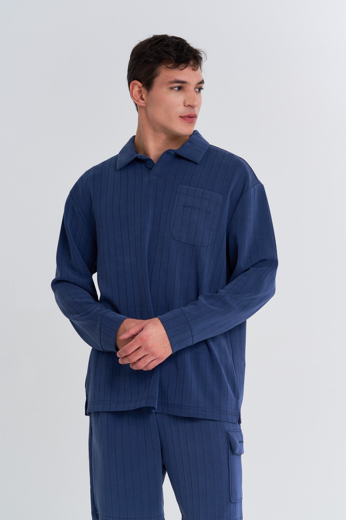 Erkek Polo Yaka Lacivert Sweatshirt