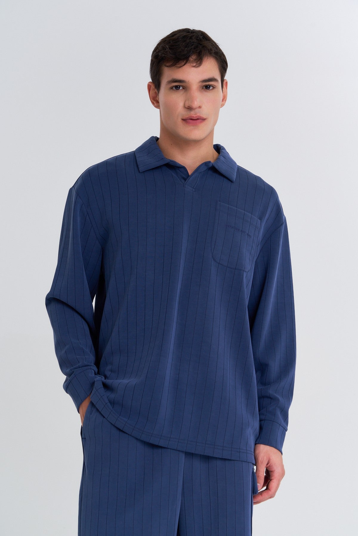Erkek Polo Yaka Lacivert Sweatshirt