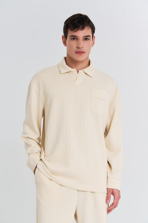 Erkek Polo Yaka Ekru Sweatshirt
