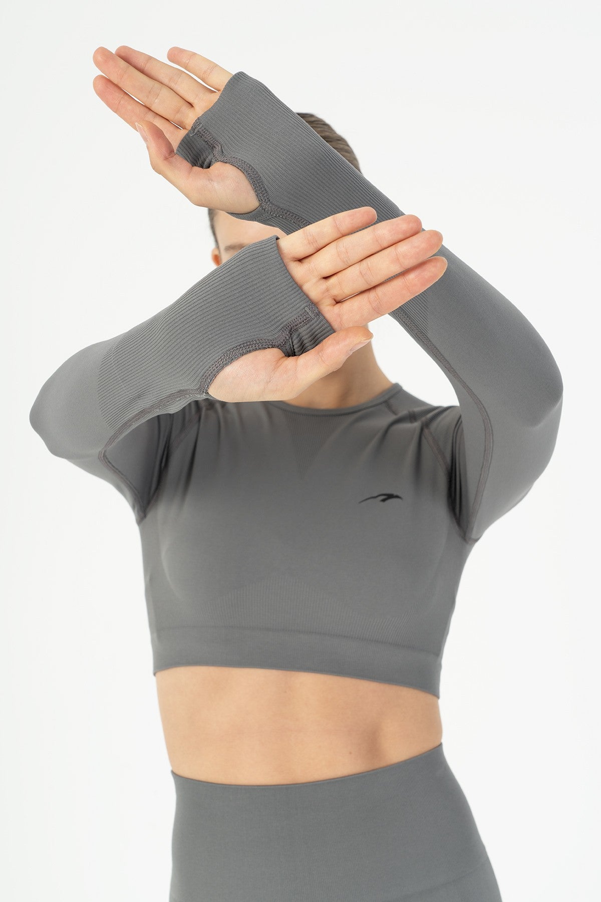 SlimFit Kadın Bisiklet Yaka Antrasit Crop Top