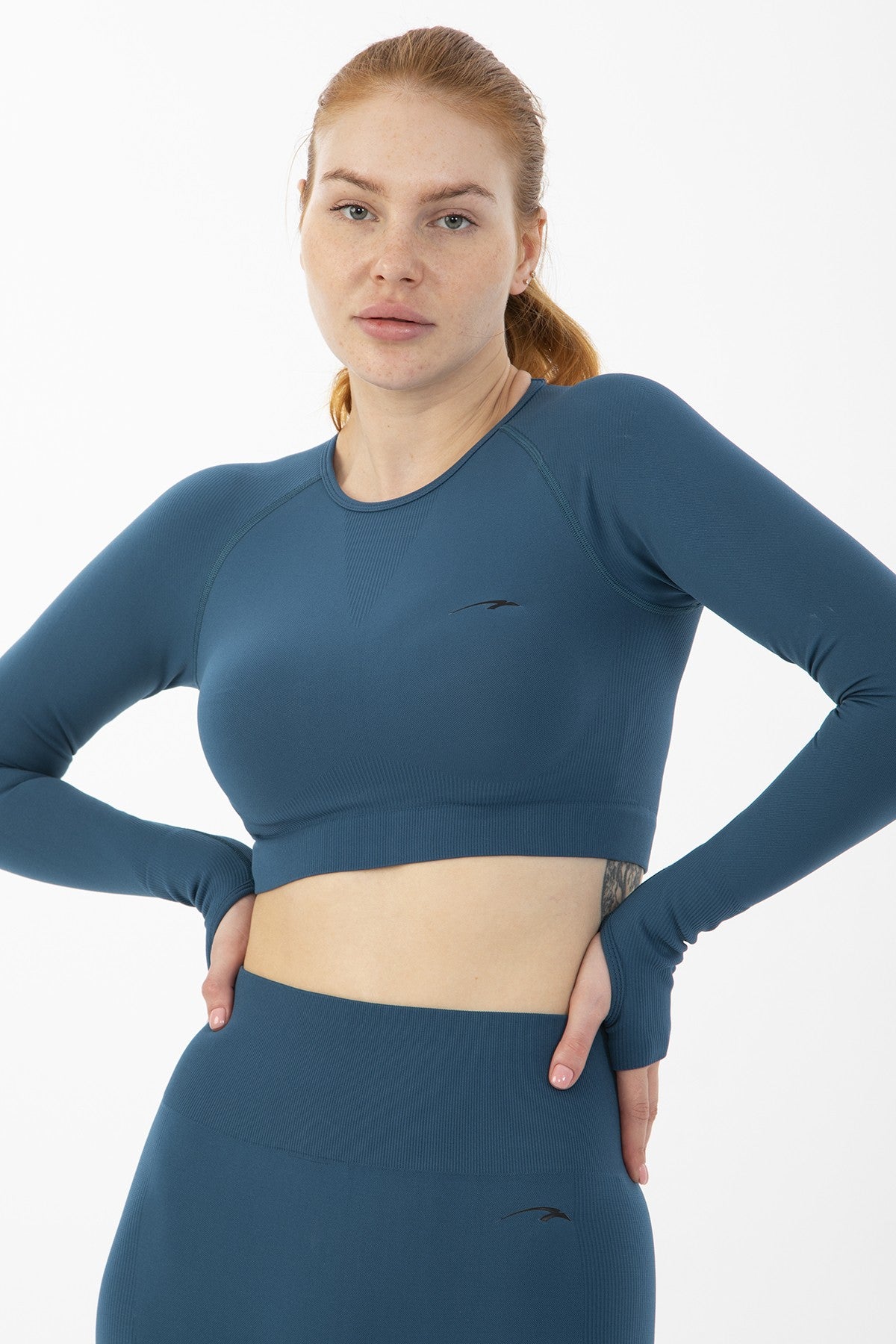 SlimFit Kadın Bisiklet Yaka Mavi Crop Top