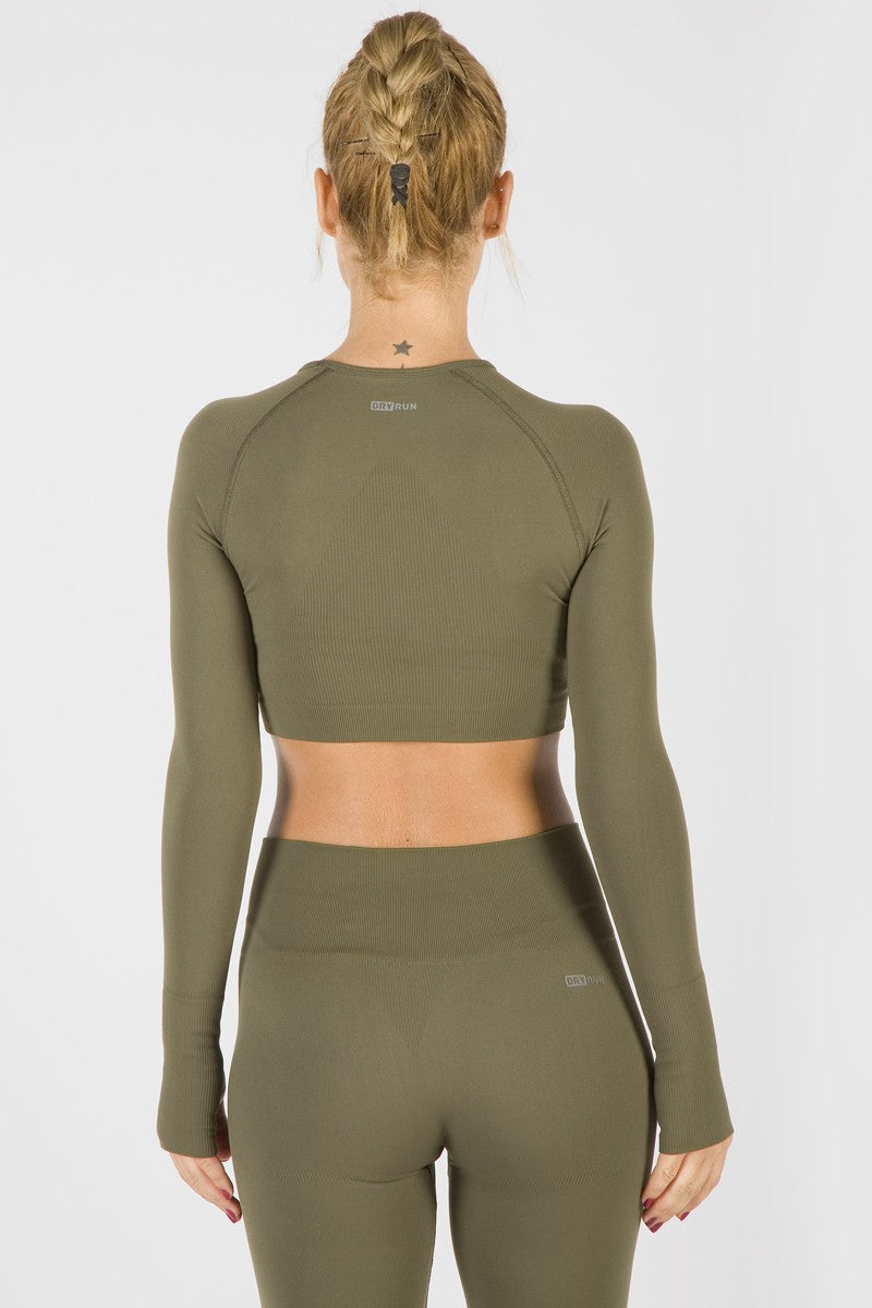 SlimFit Kadın Bisiklet Yaka Haki Crop Top