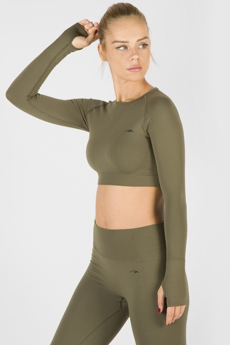 SlimFit Kadın Bisiklet Yaka Haki Crop Top