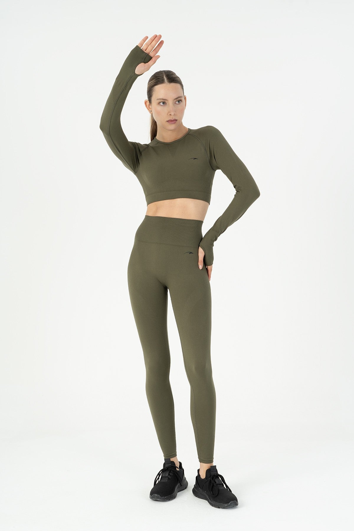 SlimFit Kadın Bisiklet Yaka Haki Crop Top