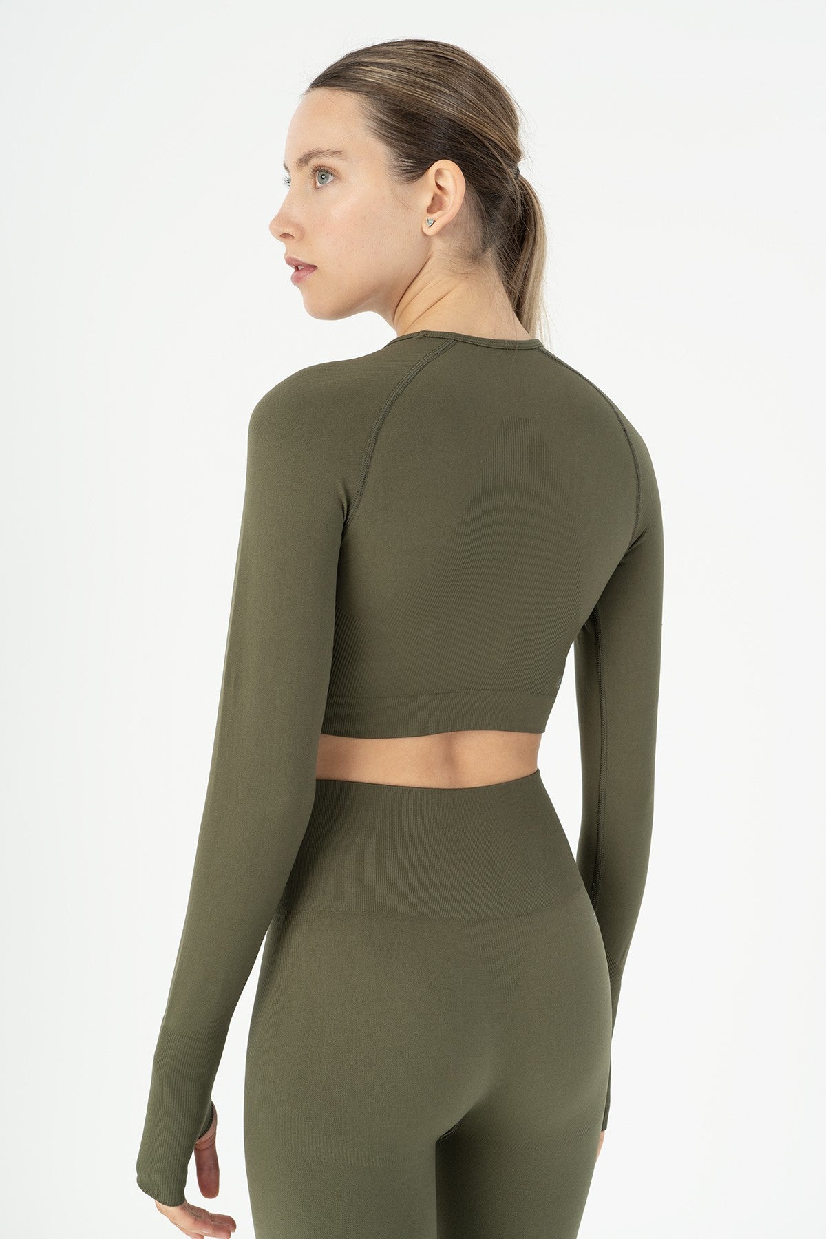 SlimFit Kadın Bisiklet Yaka Haki Crop Top