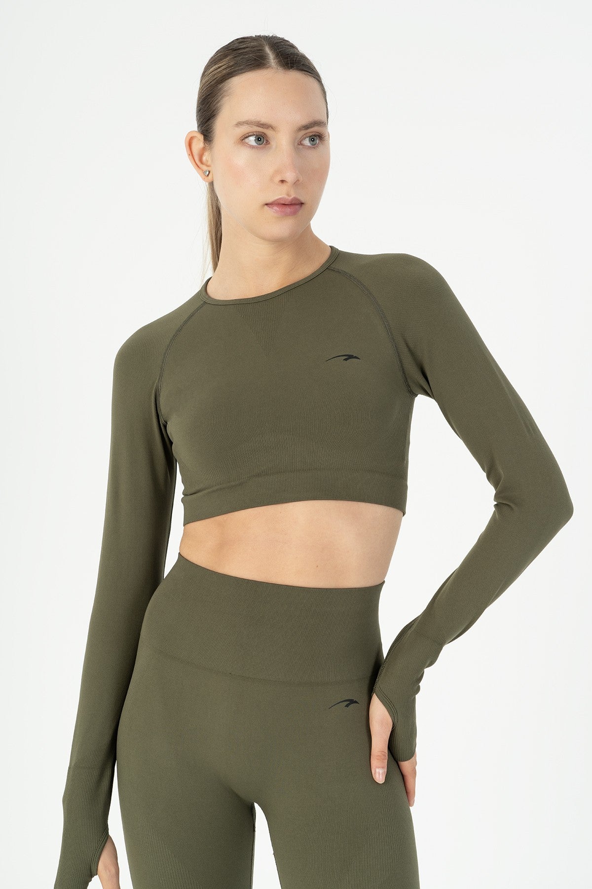 SlimFit Kadın Bisiklet Yaka Haki Crop Top