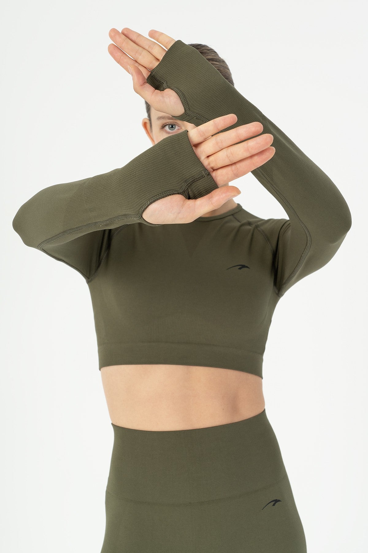 SlimFit Kadın Bisiklet Yaka Haki Crop Top