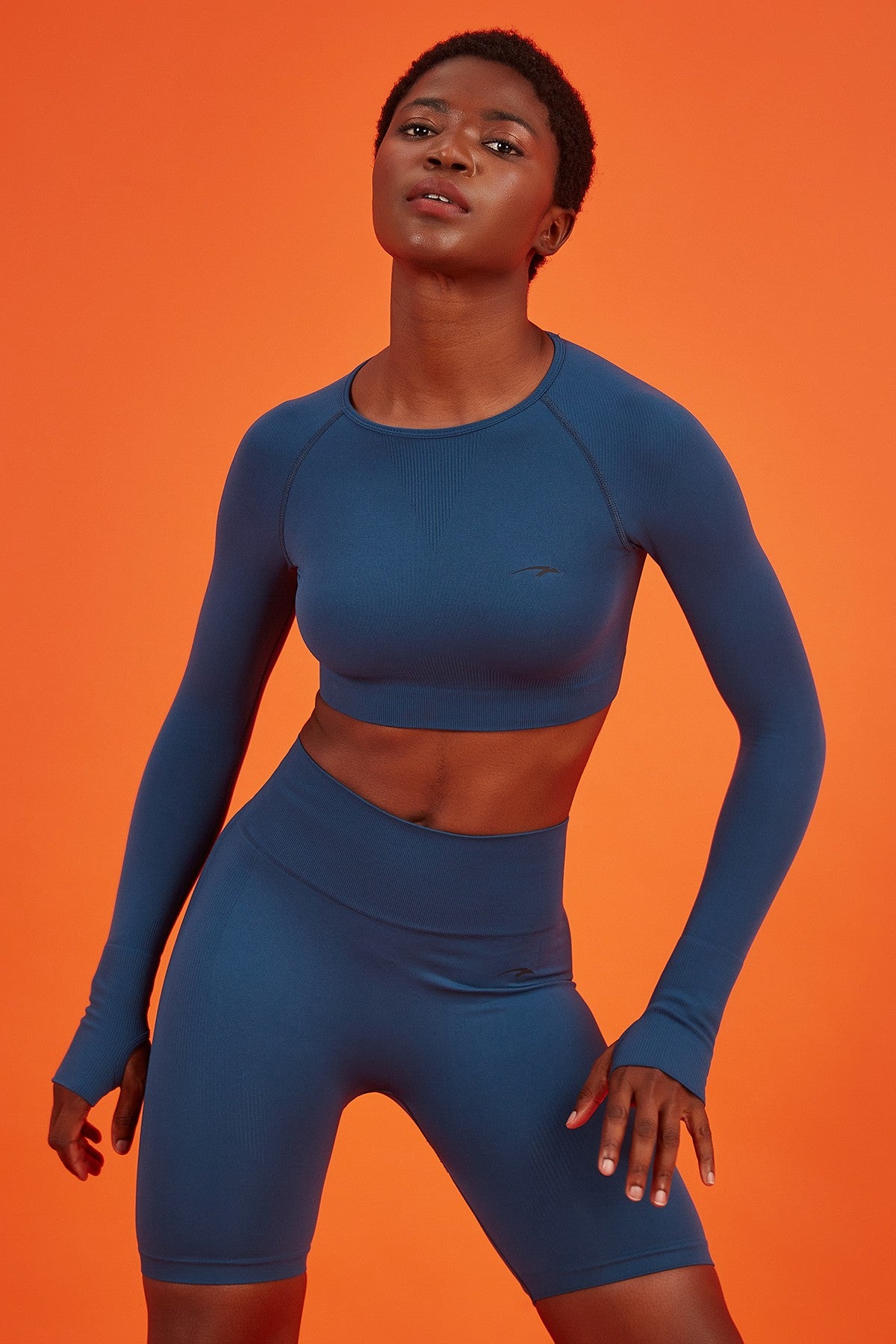 SlimFit Kadın Bisiklet Yaka Mavi Crop Top