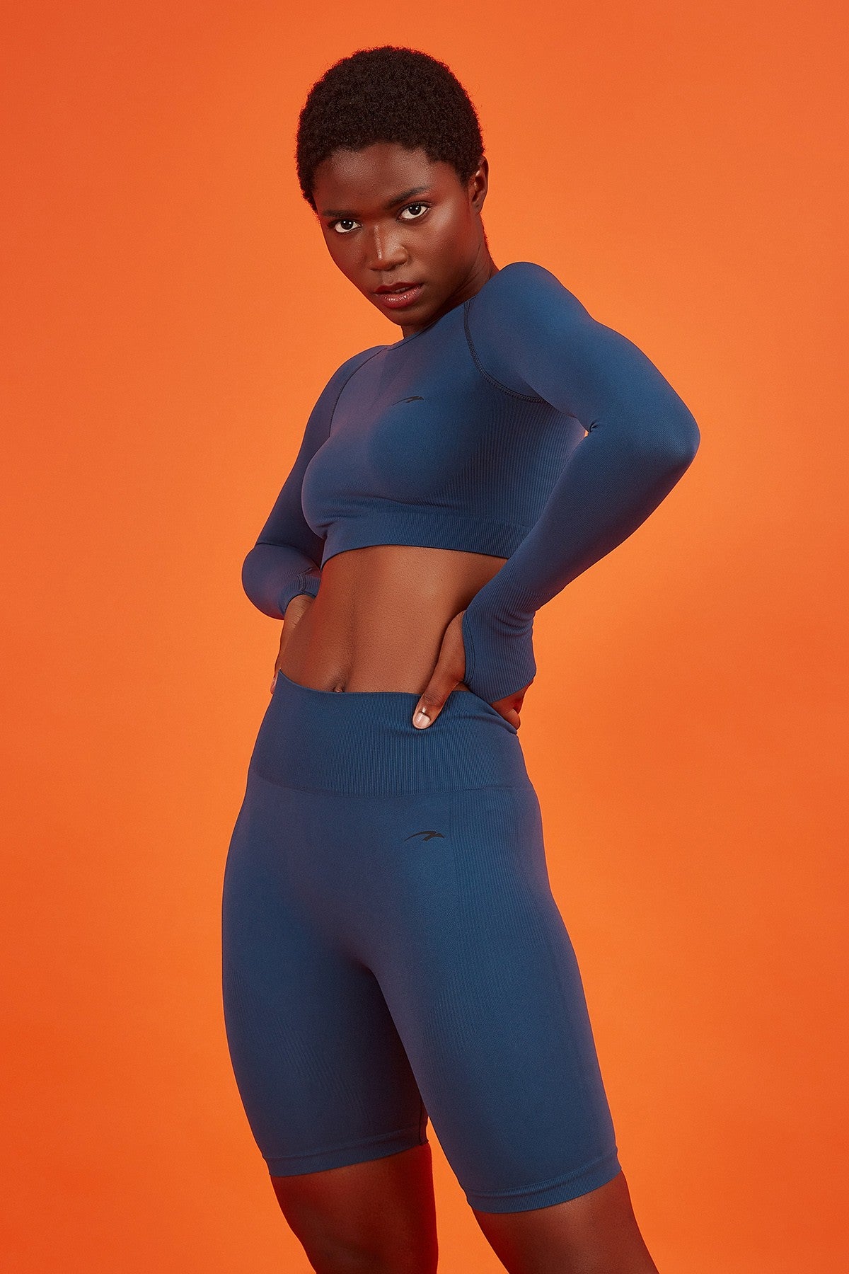 SlimFit Kadın Bisiklet Yaka Mavi Crop Top