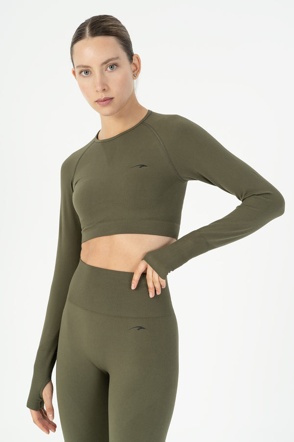 SlimFit Kadın Bisiklet Yaka Haki Crop Top