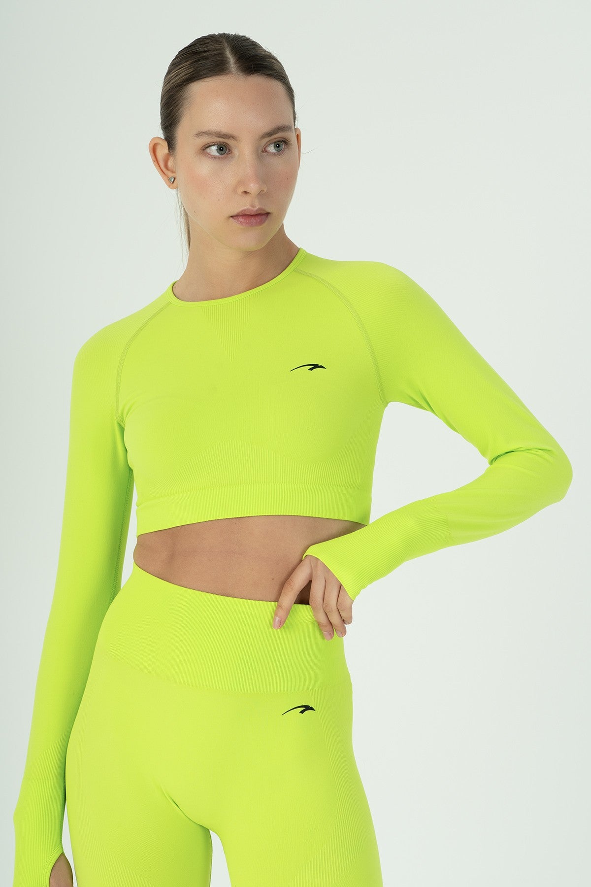SlimFit Kadın Bisiklet Yaka Neon Yeşil Crop Top