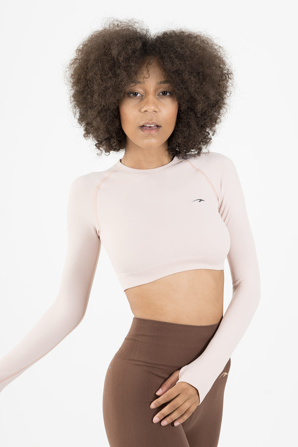 SlimFit Kadın Bisiklet Yaka Pudra Crop Top