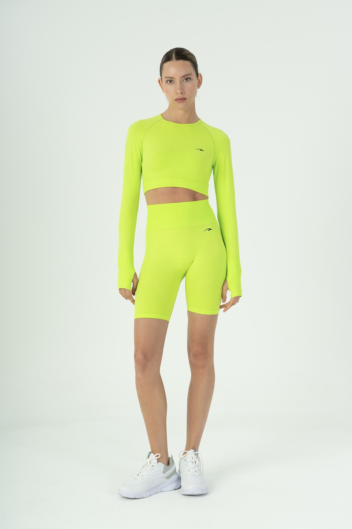 SlimFit Kadın Bisiklet Yaka Neon Yeşil Crop Top
