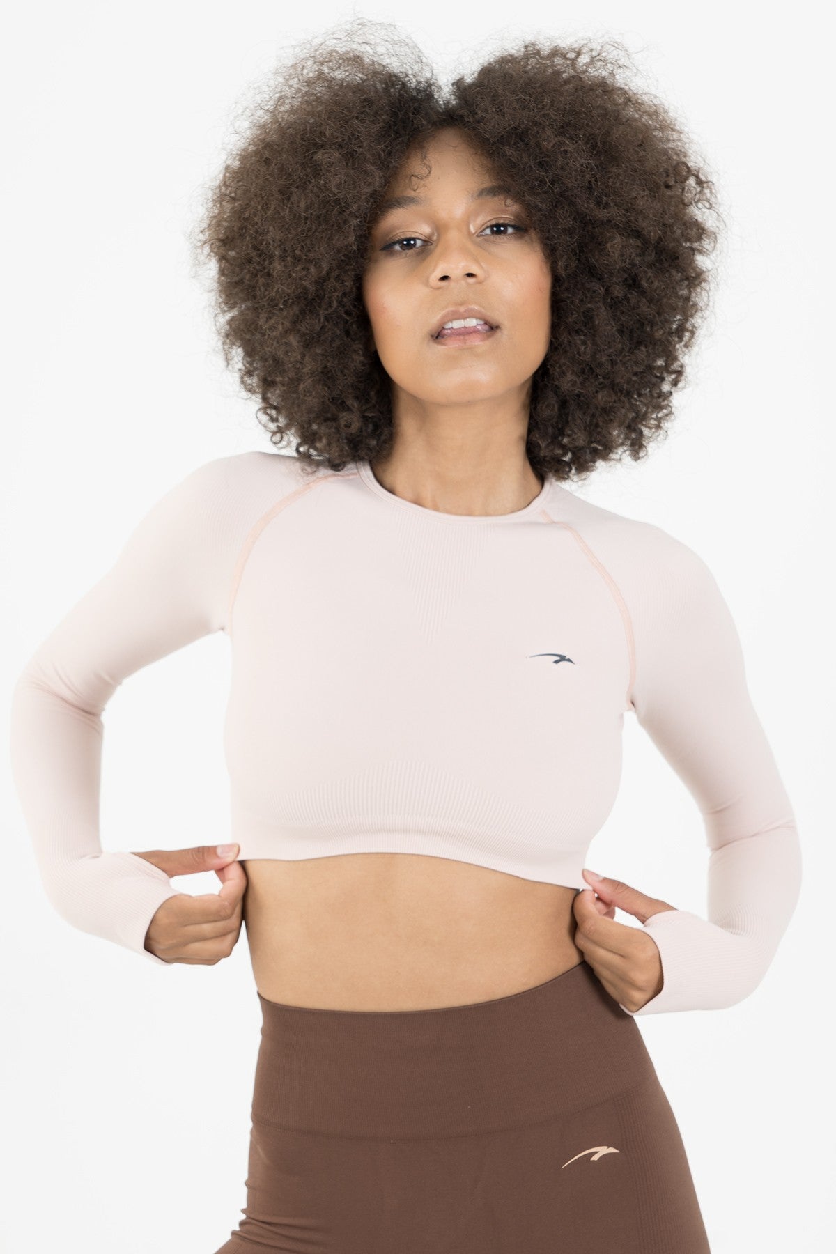 SlimFit Kadın Bisiklet Yaka Pudra Crop Top
