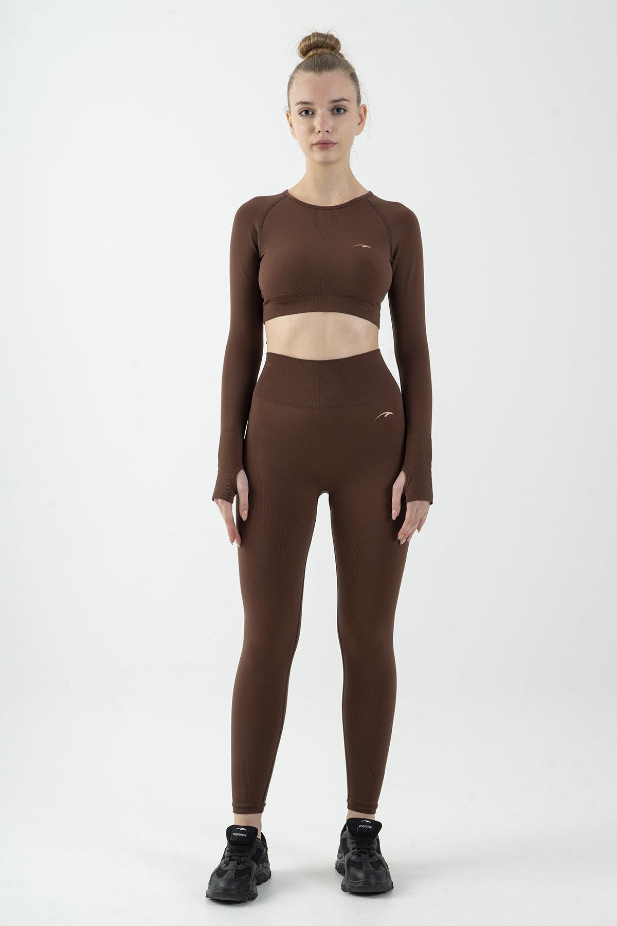 SlimFit Kadın Bisiklet Yaka Kahverengi Crop Top