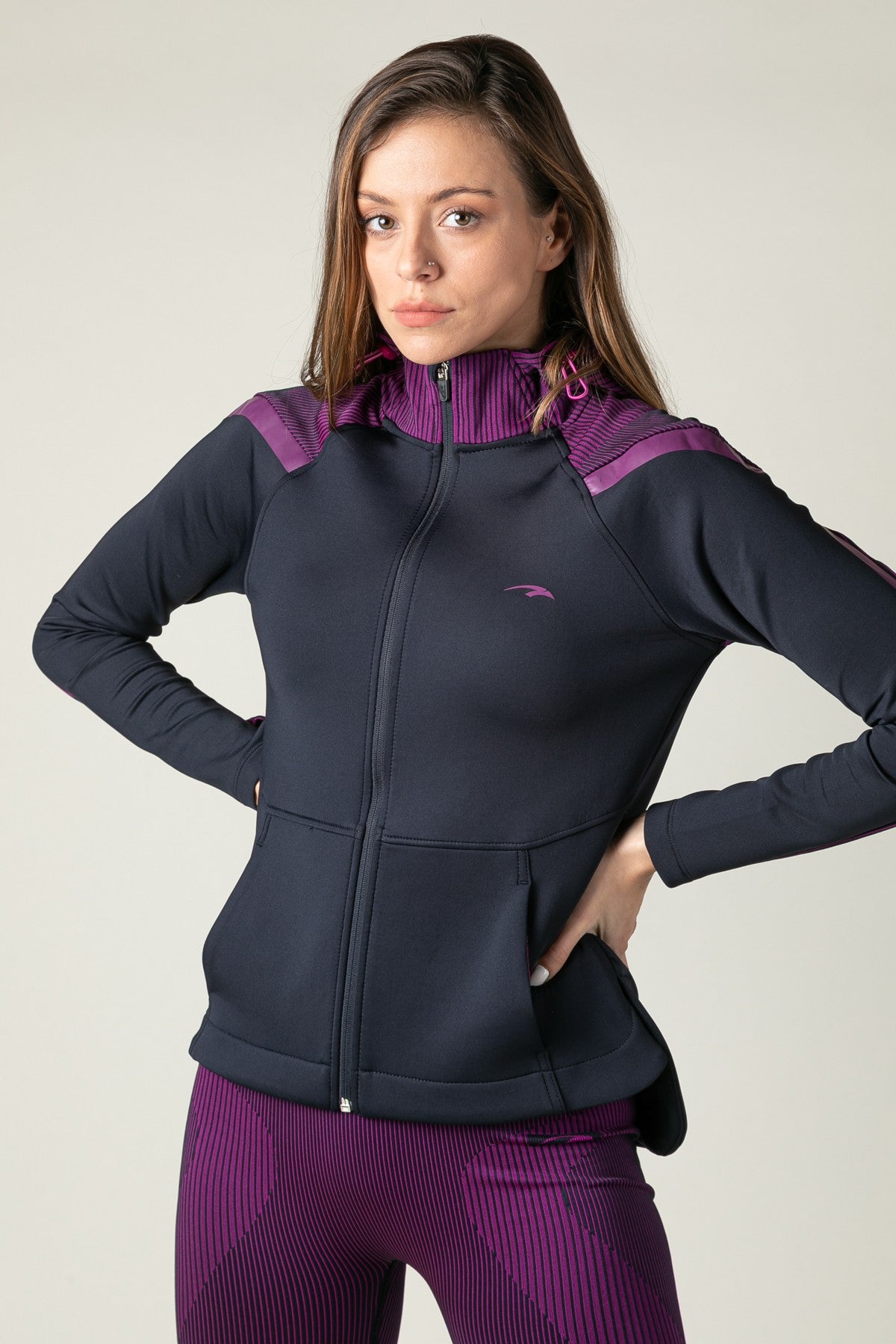 SlimFit Kadın Kapüşonlu Lacivert Tracktop