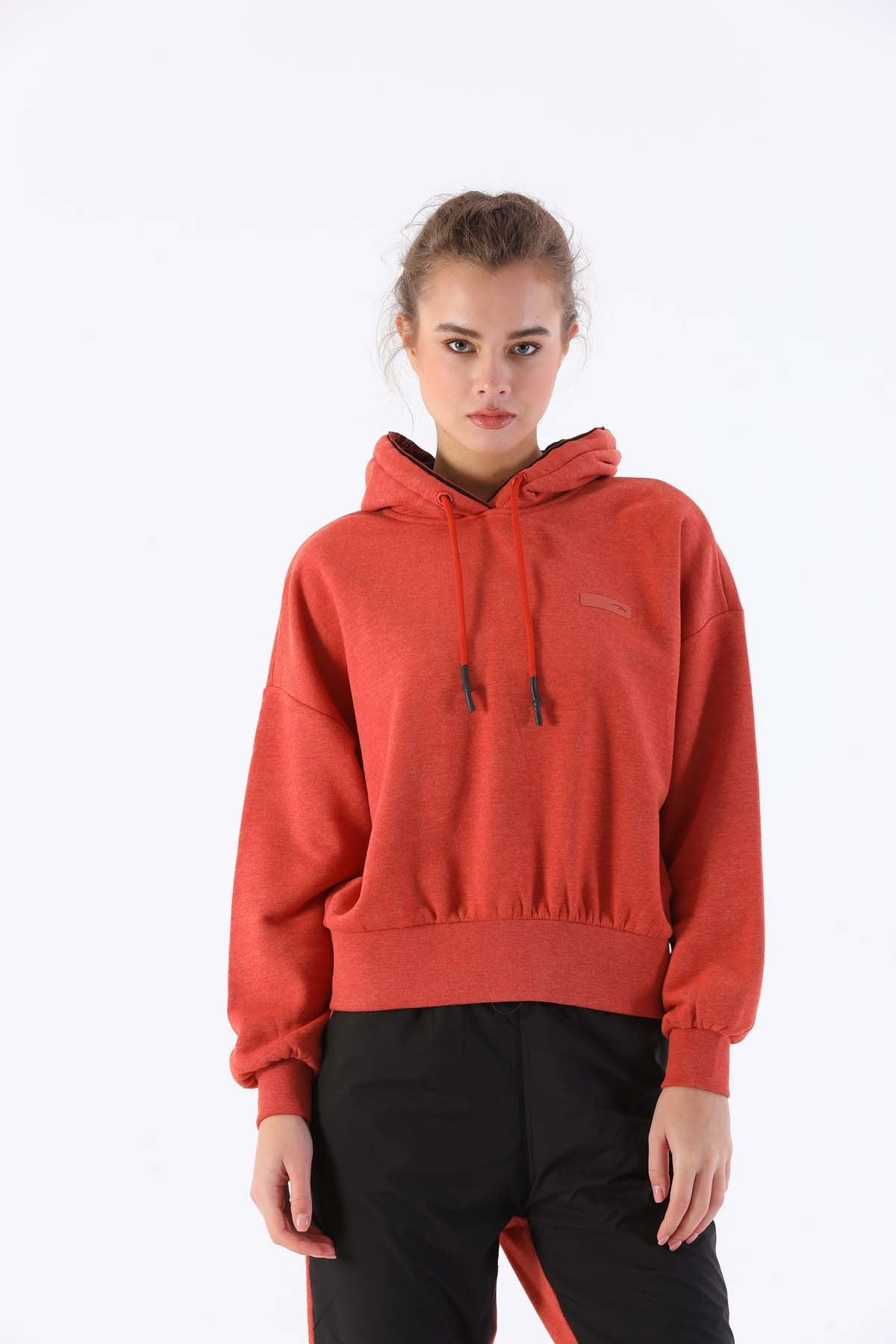 Oversize Kadın Kapüşonlu Kiremit Sweatshirt