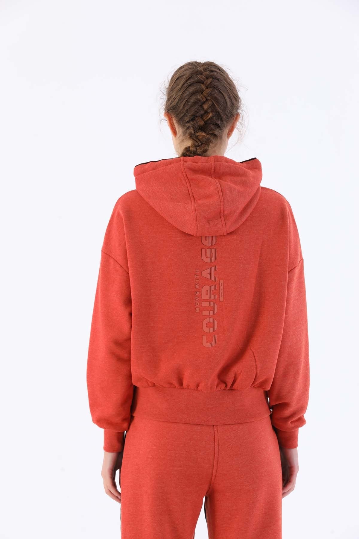 Oversize Kadın Kapüşonlu Kiremit Sweatshirt
