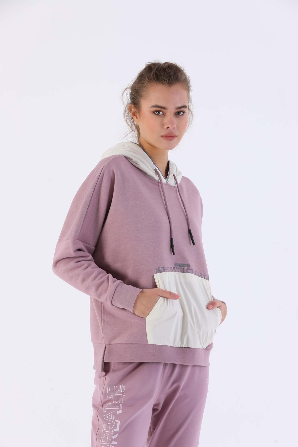 Oversize Kadın Kapüşonlu Mor Sweatshirt