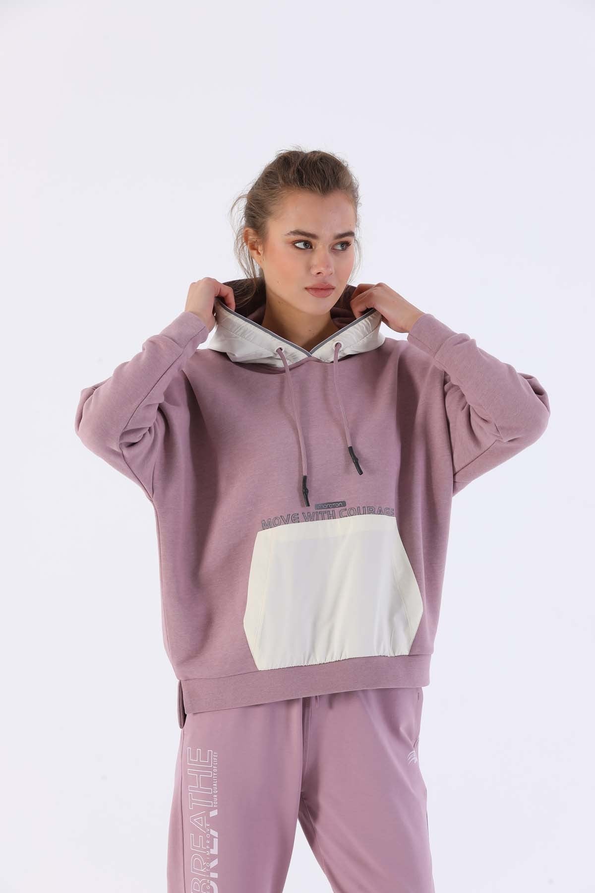 Oversize Kadın Kapüşonlu Mor Sweatshirt