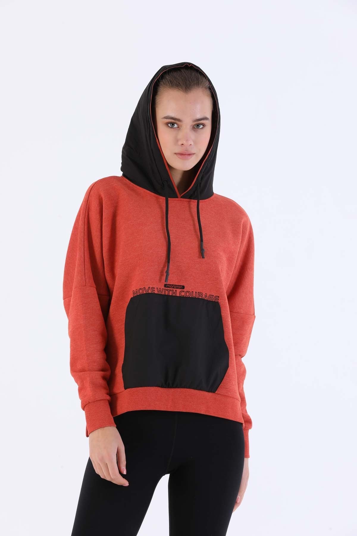 Oversize Kadın Kapüşonlu Kiremit Sweatshirt