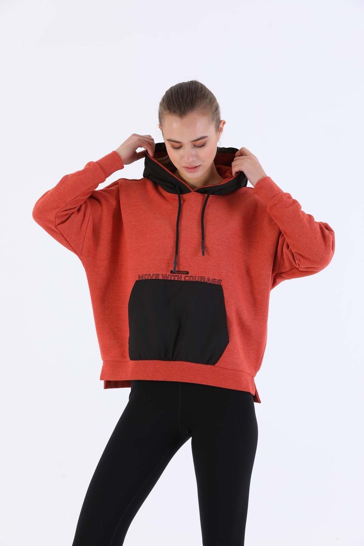 Oversize Kadın Kapüşonlu Kiremit Sweatshirt