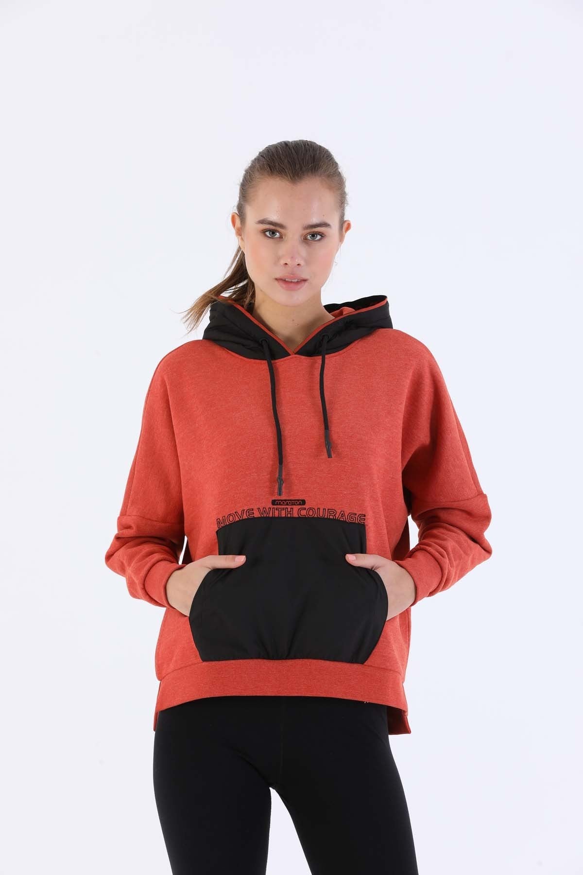 Oversize Kadın Kapüşonlu Kiremit Sweatshirt