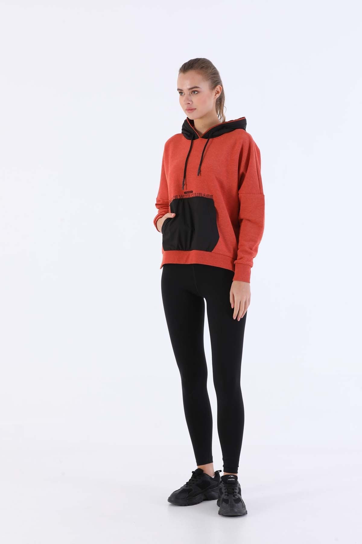 Oversize Kadın Kapüşonlu Kiremit Sweatshirt