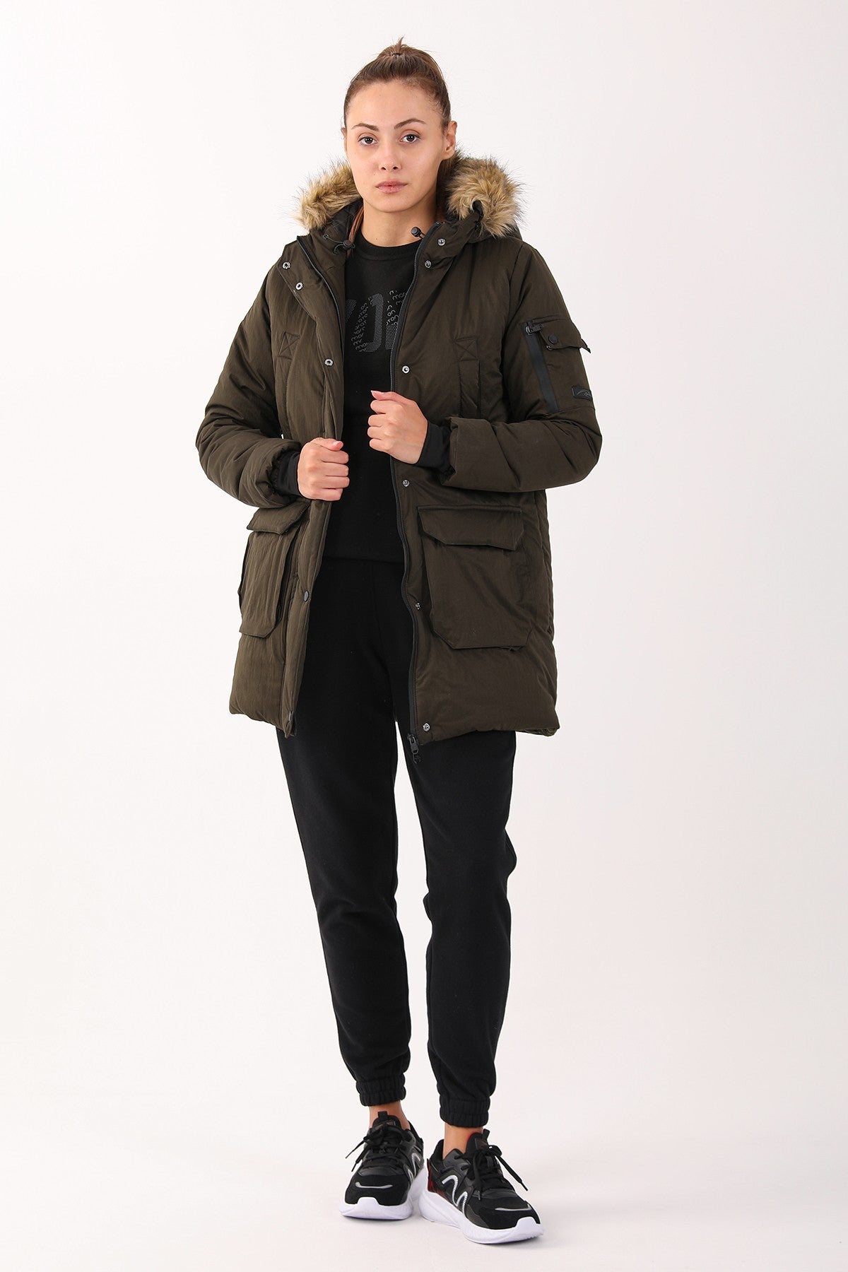 Regular Kadın Kapüşonlu Haki Parka
