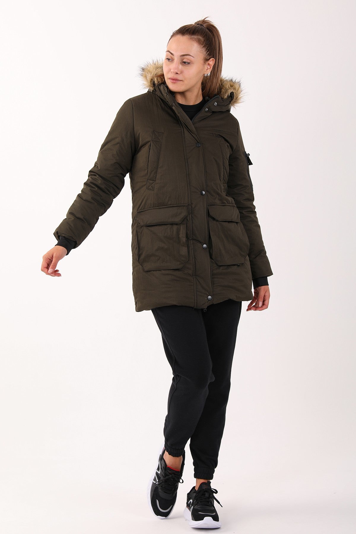 Regular Kadın Kapüşonlu Haki Parka