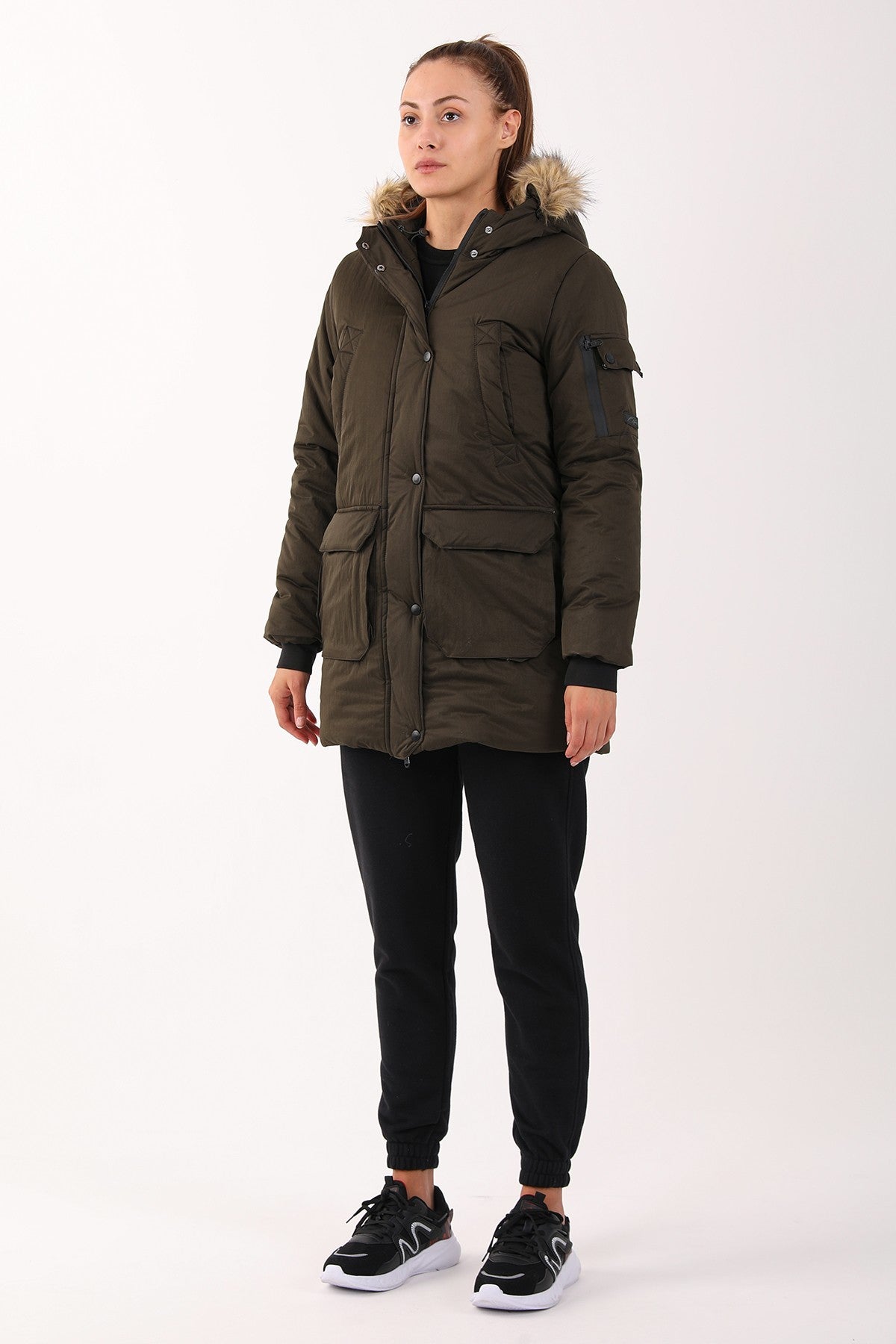 Regular Kadın Kapüşonlu Haki Parka