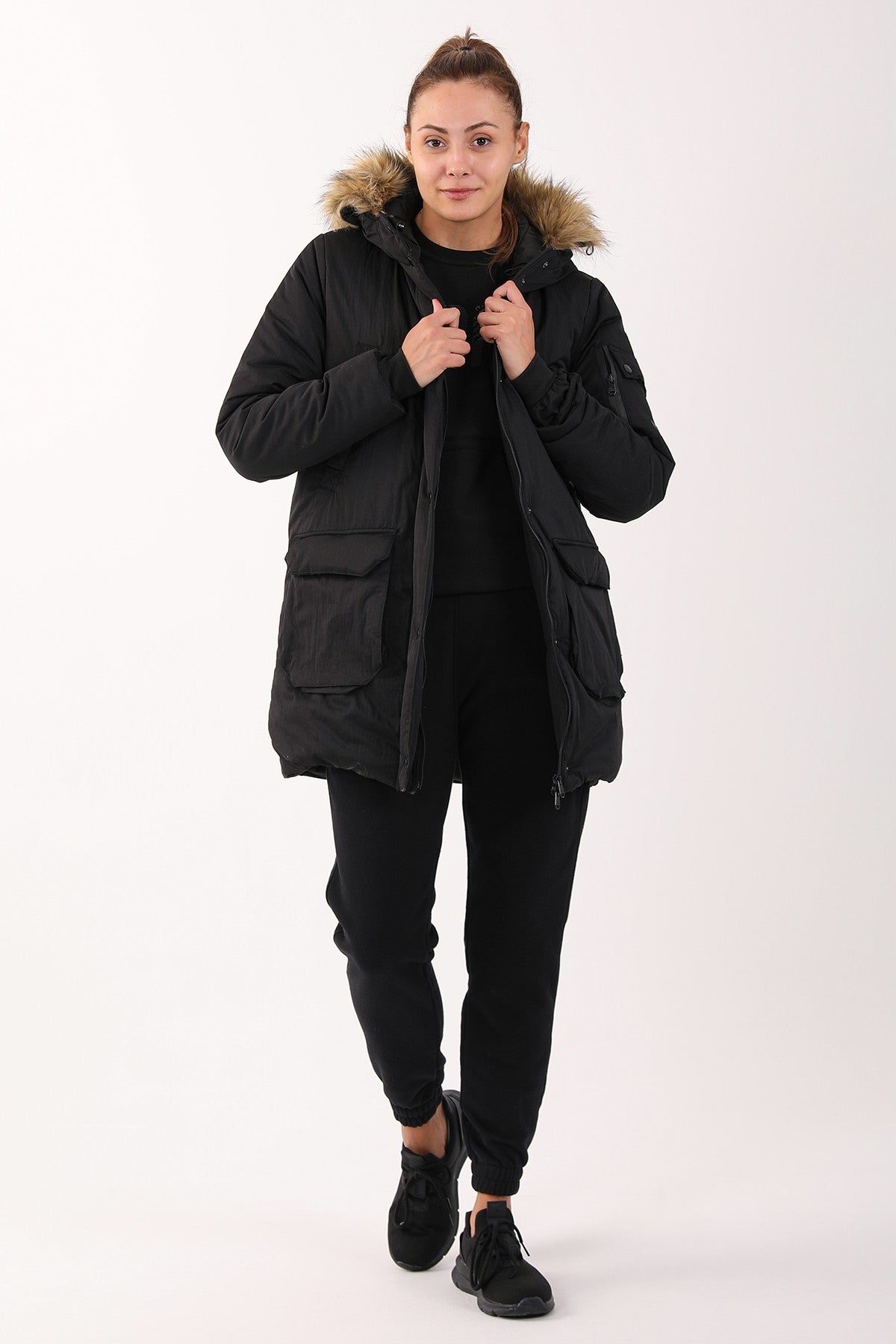 Regular Kadın Kapüşonlu Siyah Parka