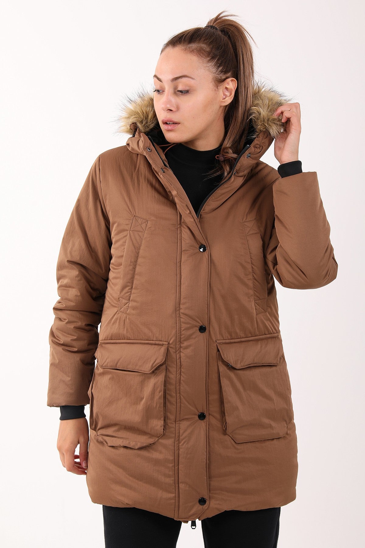 Regular Kadın Kapüşonlu Kahverengi Parka
