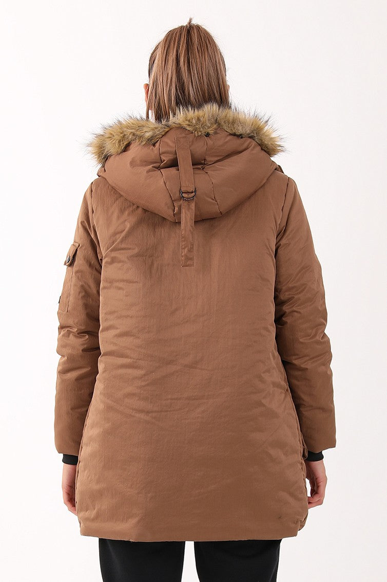Regular Kadın Kapüşonlu Kahverengi Parka