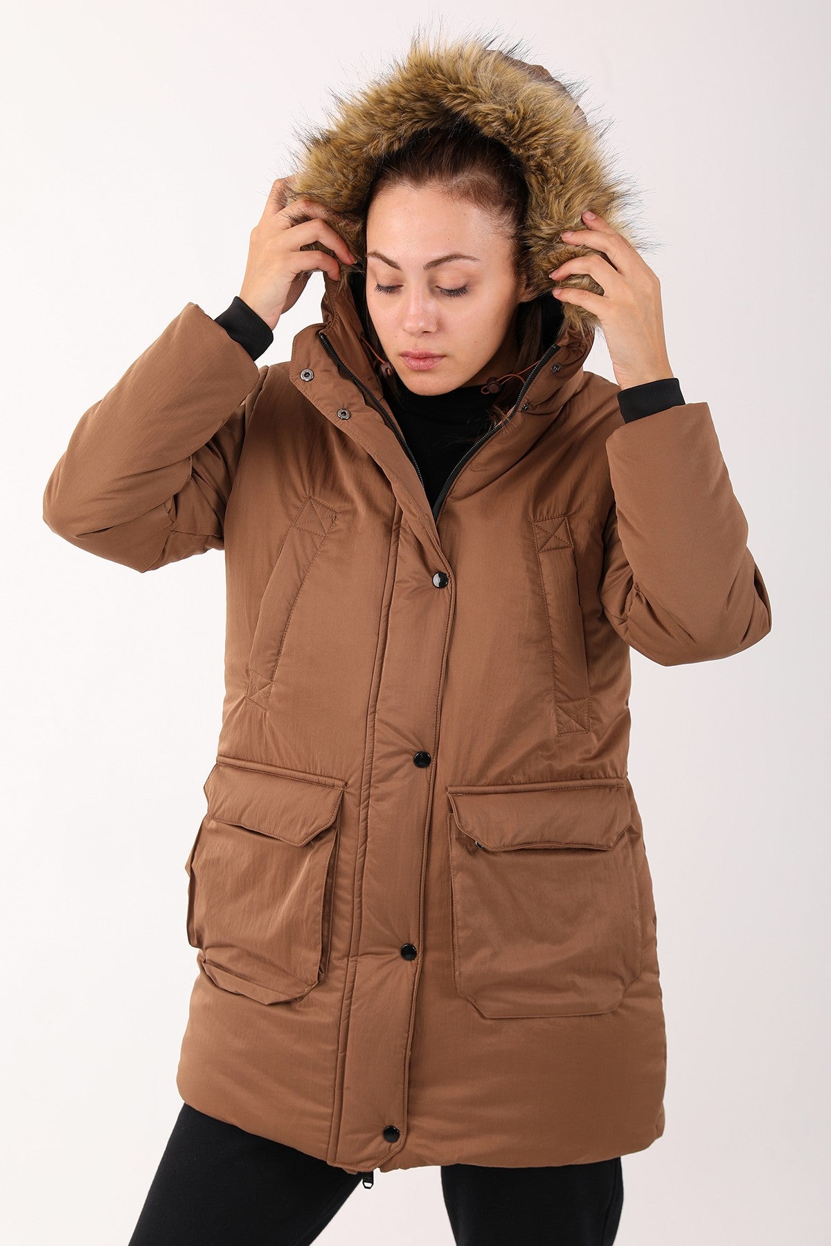 Regular Kadın Kapüşonlu Kahverengi Parka