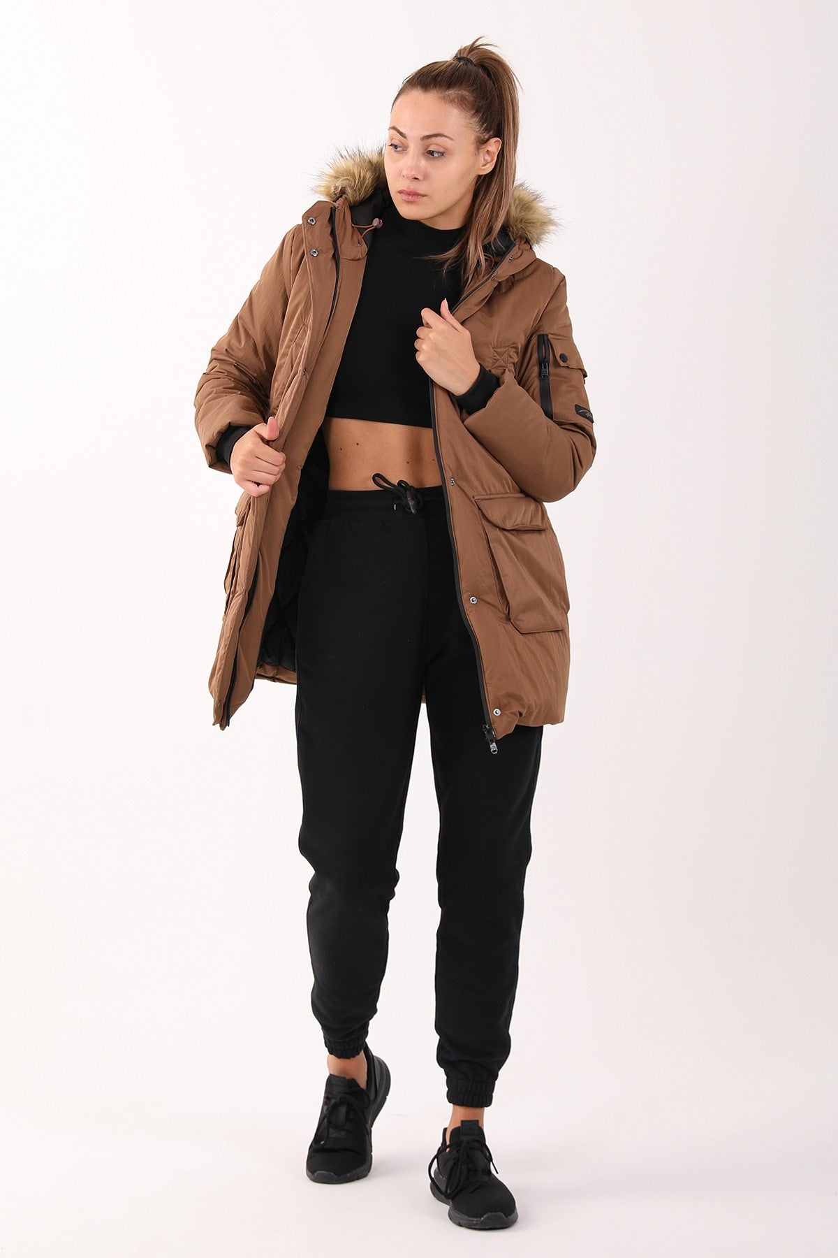 Regular Kadın Kapüşonlu Kahverengi Parka