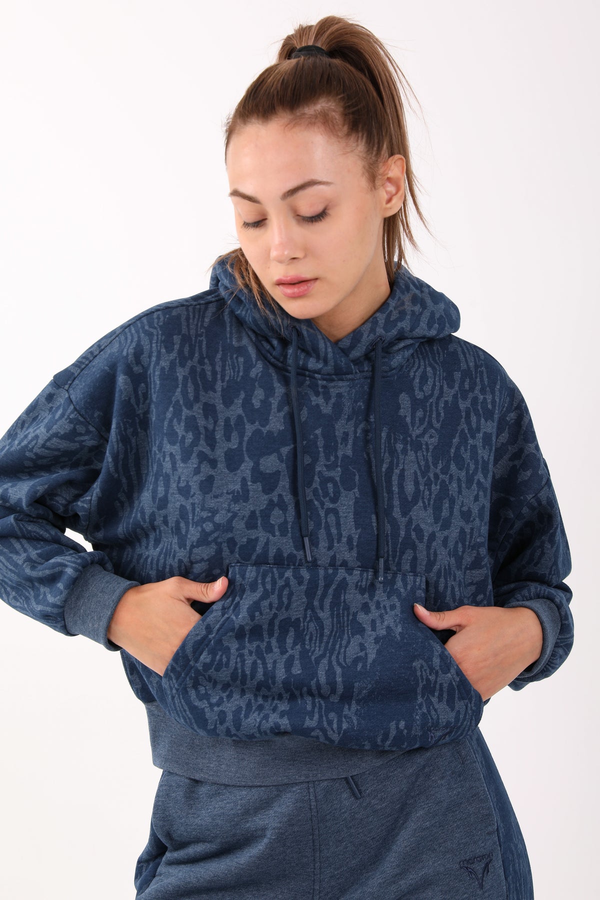 Oversize Kadın Kapüşonlu Lacivertmelanj Sweatshirt