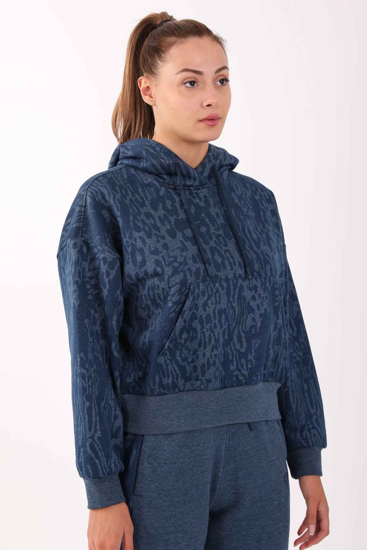 Oversize Kadın Kapüşonlu Lacivertmelanj Sweatshirt