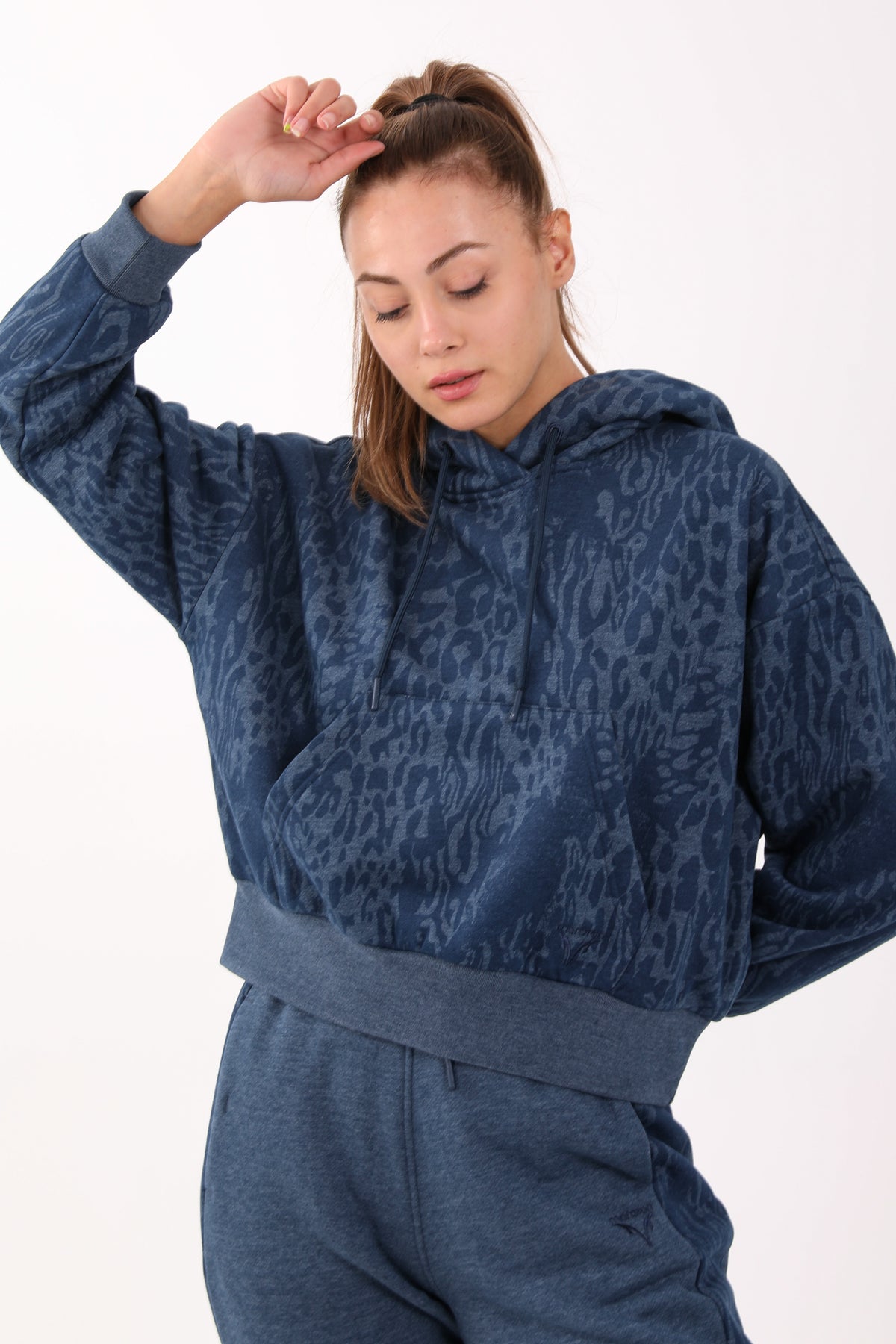 Oversize Kadın Kapüşonlu Lacivertmelanj Sweatshirt