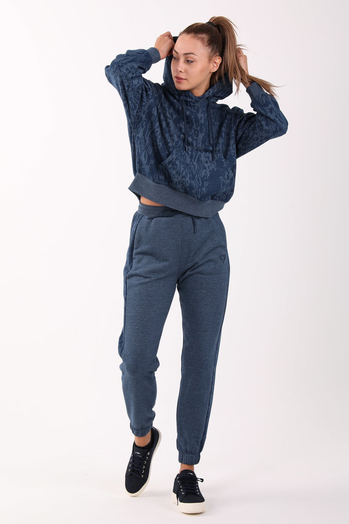 Oversize Kadın Kapüşonlu Lacivertmelanj Sweatshirt