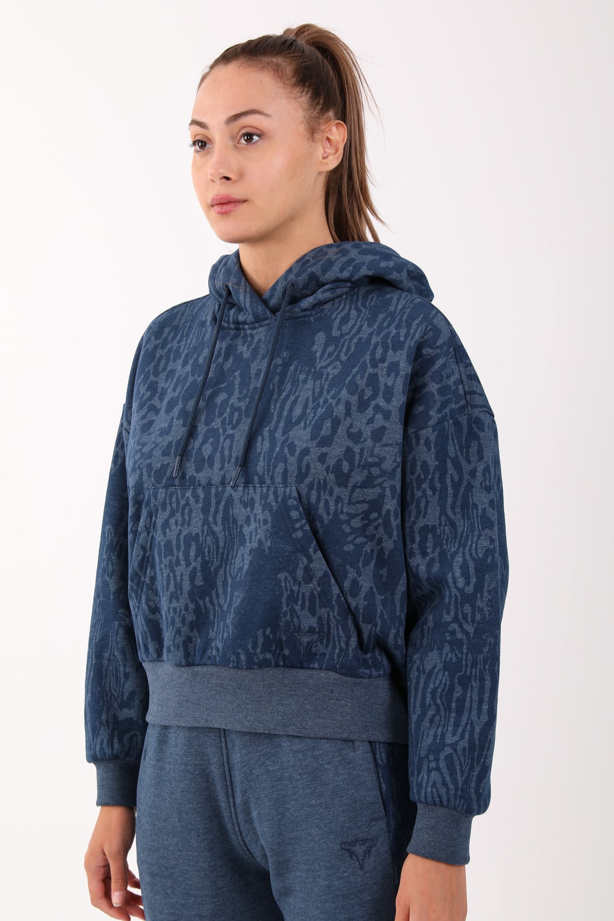 Oversize Kadın Kapüşonlu Lacivertmelanj Sweatshirt
