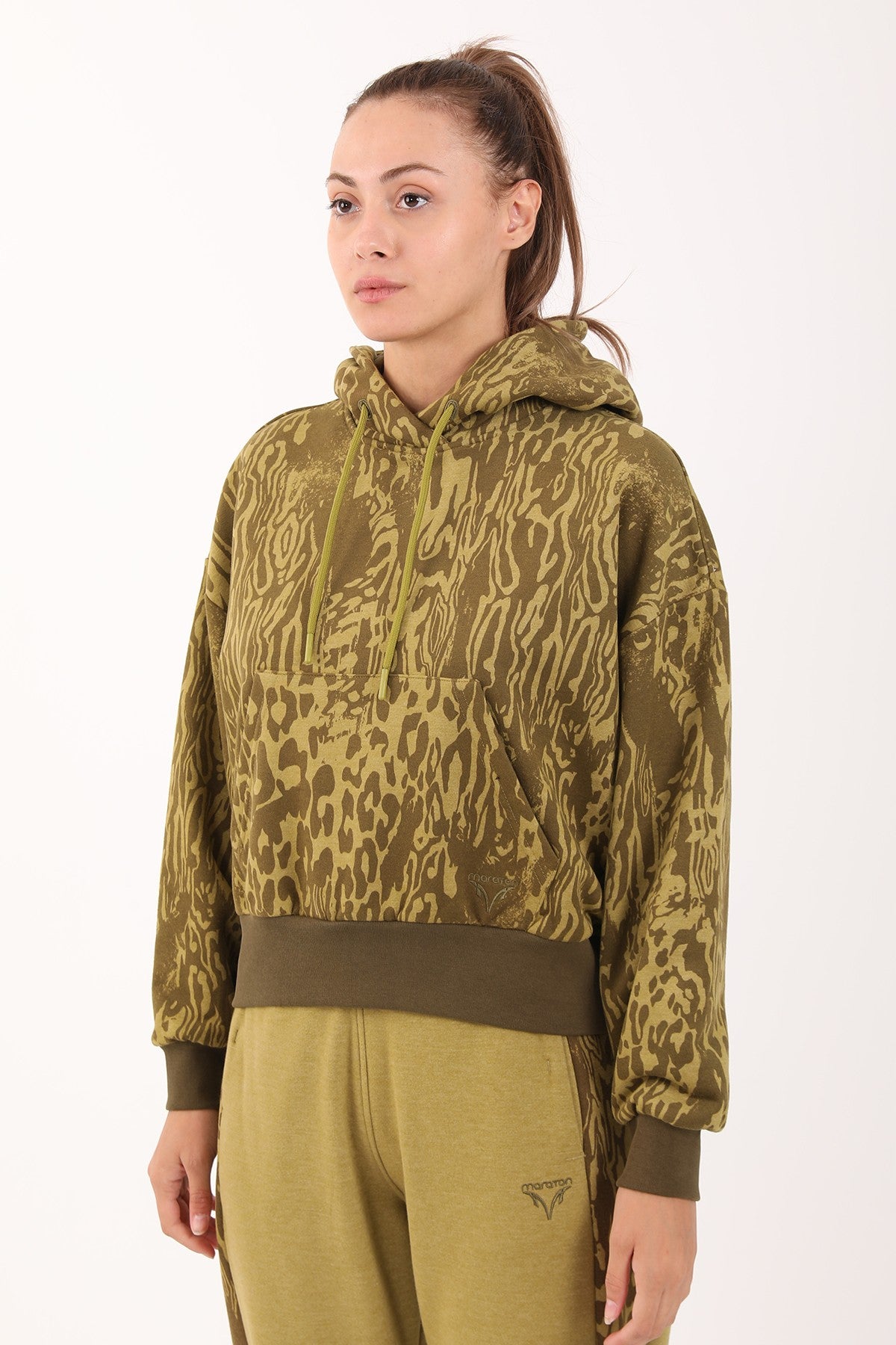 Oversize Kadın Kapüşonlu Yeşil Sweatshirt
