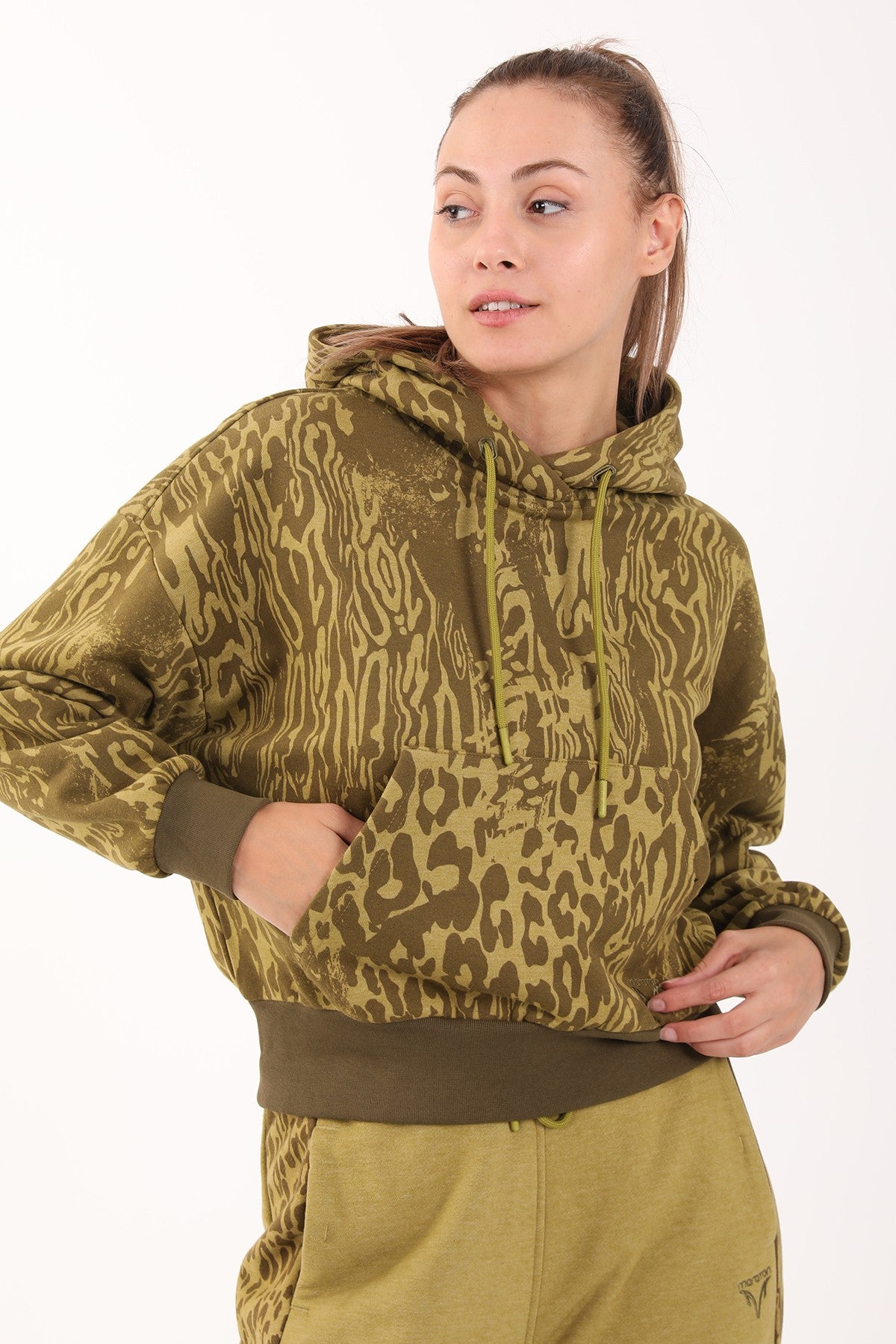 Oversize Kadın Kapüşonlu Yeşil Sweatshirt